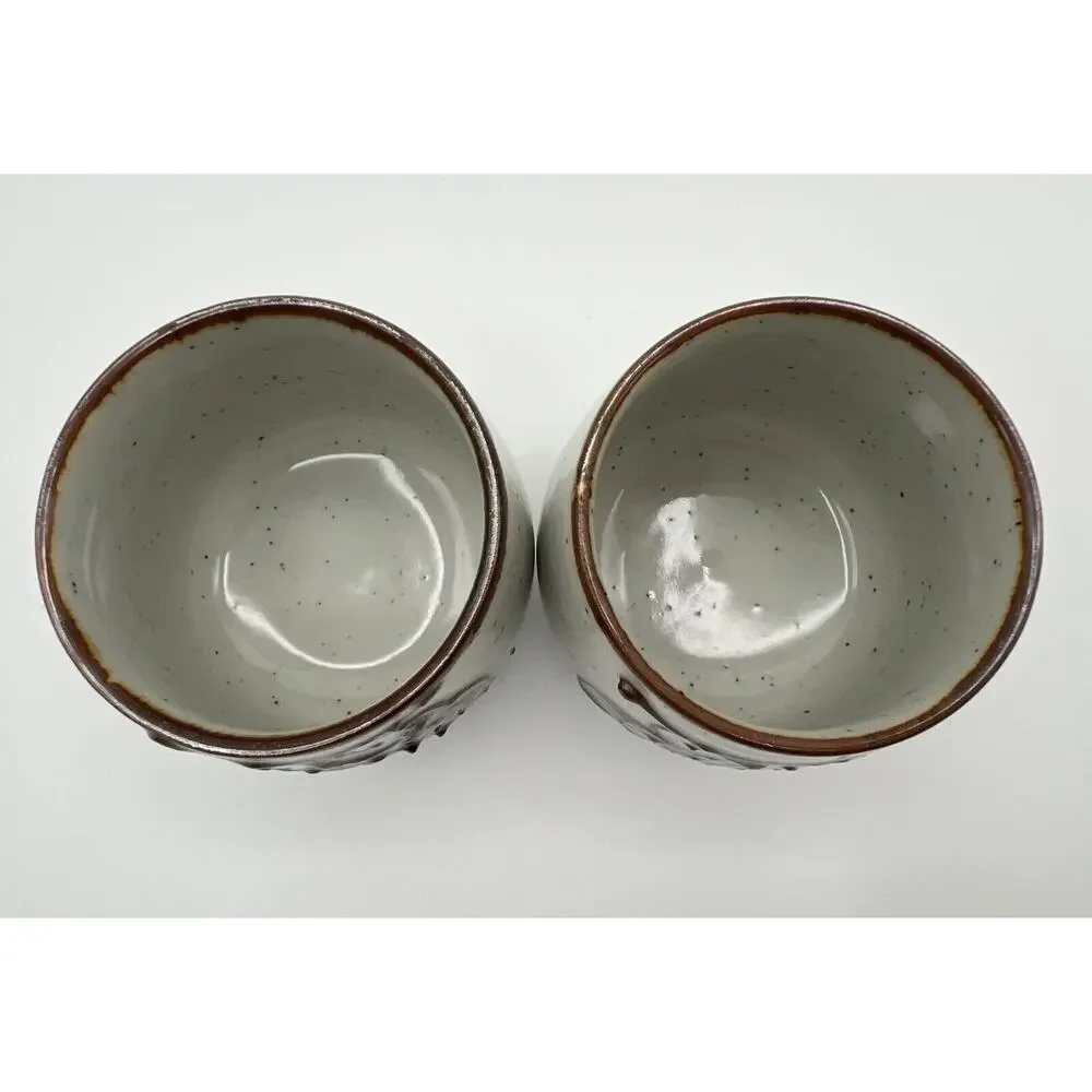 Glazed Pottery 4 oz. Owl Teacups Sake Cups Blue Brown & White Set of 2